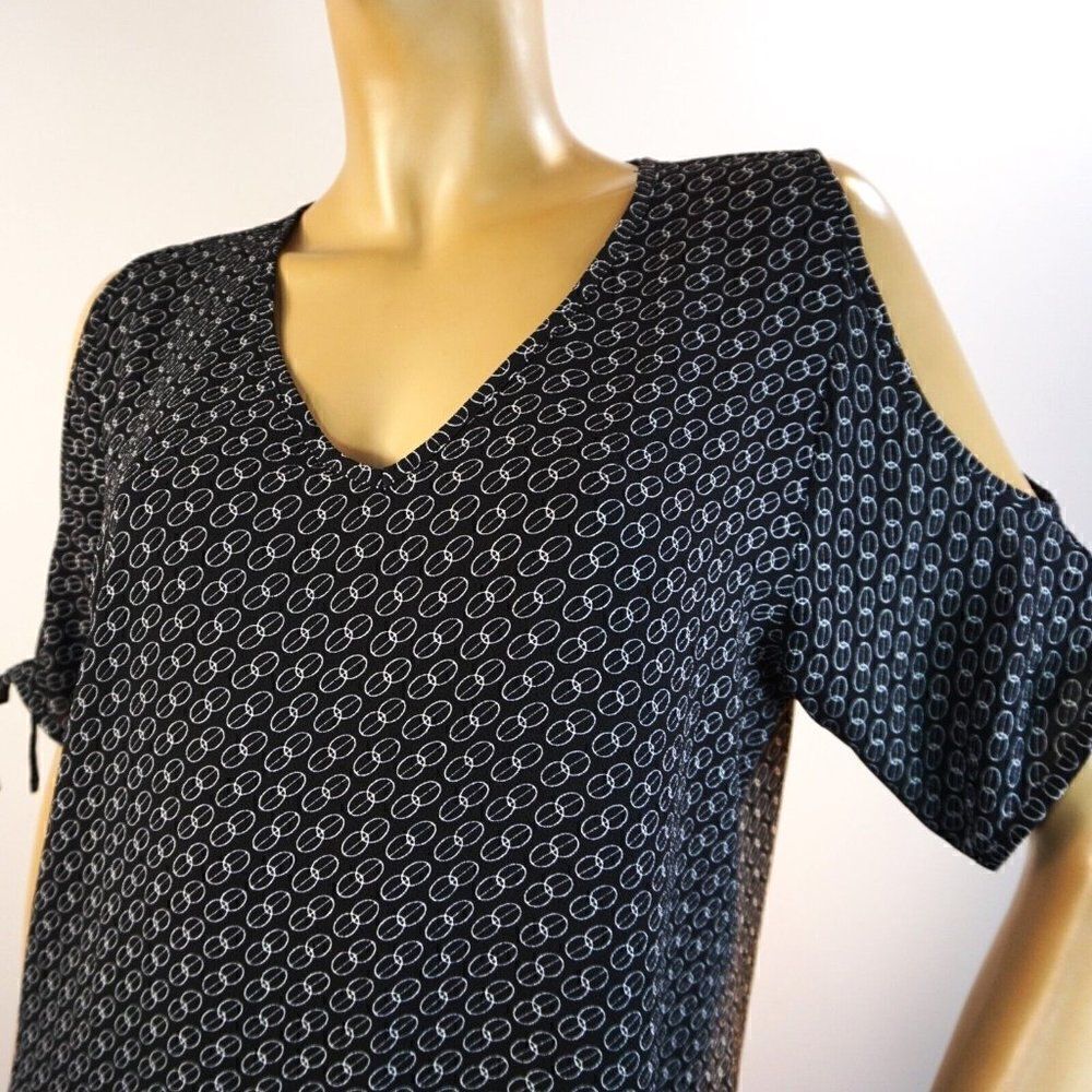 Milano Cold Shoulder Blouse Black White Patterned Top V Neck Size Large